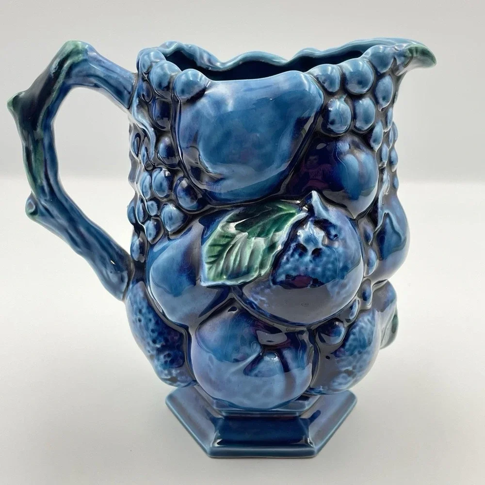 Inarco Japan Blue Fruit Pitcher & 2 Mugs Set E2431 / E2429 Vintage Ceramic 1960s